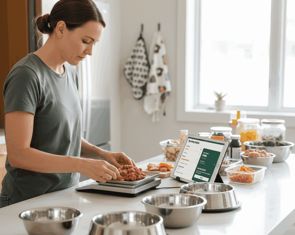 Dog owner measuring raw food portions using a feeding calculator for accurate daily meals