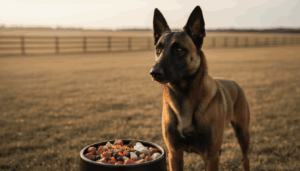 Working dog with muscular build and raw food bowl representing high energy diet for performance and endurance