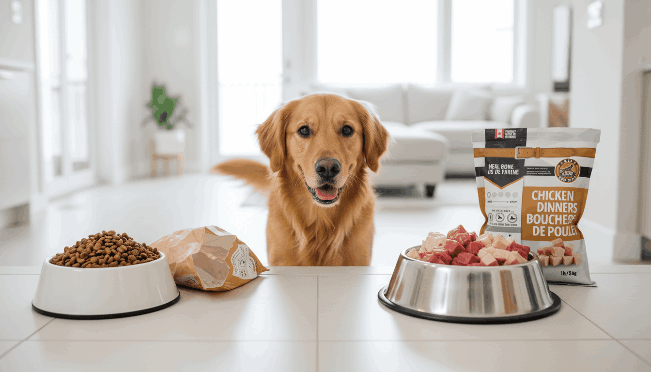 Dog choosing between kibble and raw food during transition to a healthier raw feeding diet