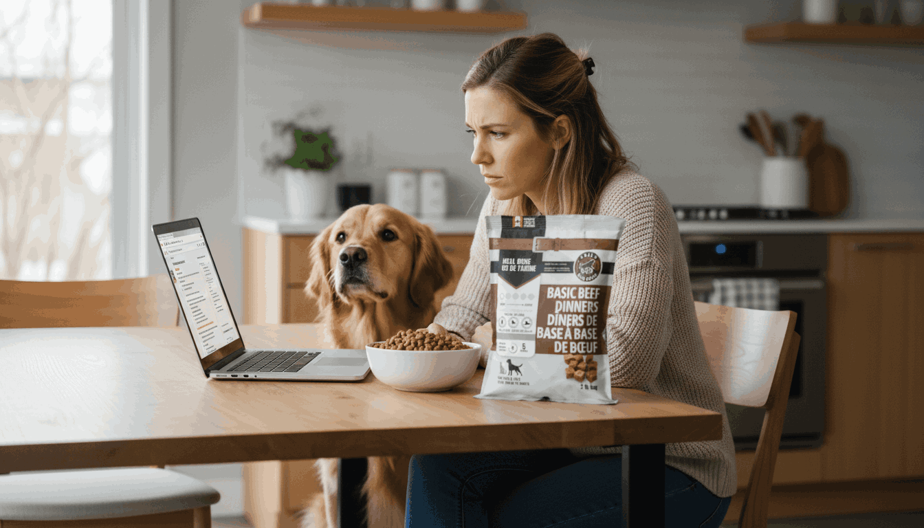 Dog owner researching raw dog food while feeling unsure about switching from kibble