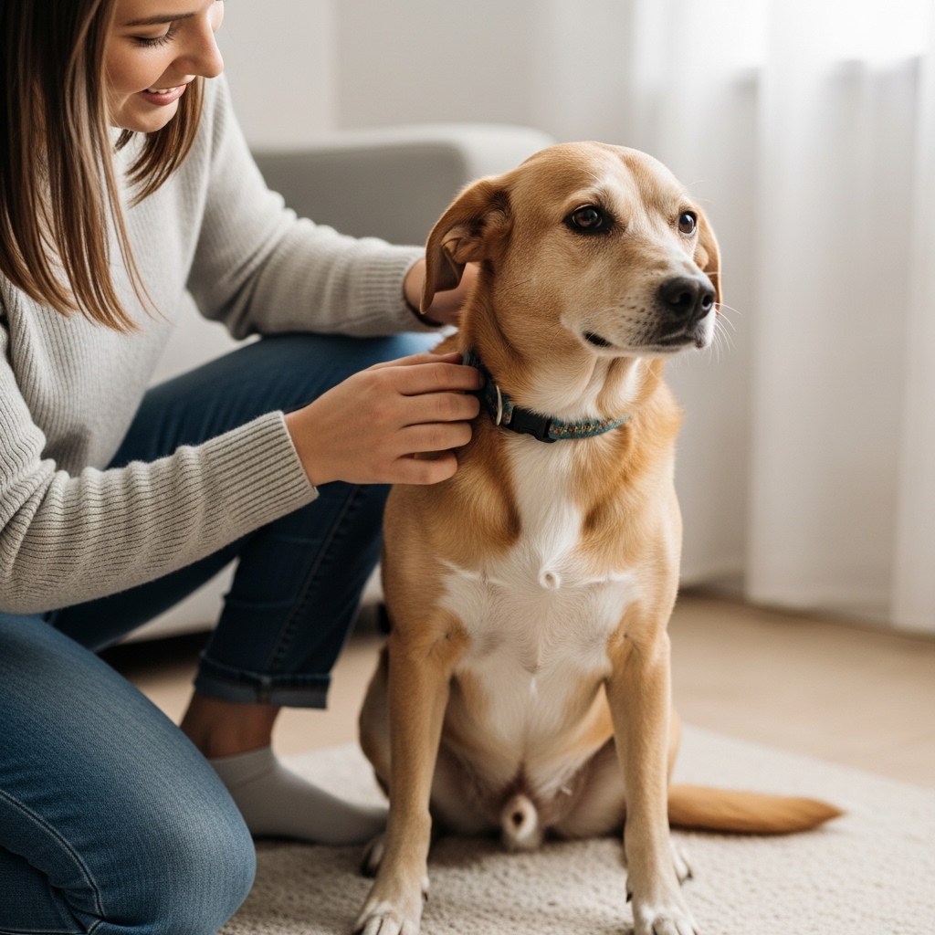 Dog owner using a protein calculator on a laptop to plan dog nutrition based on weight and activity level
