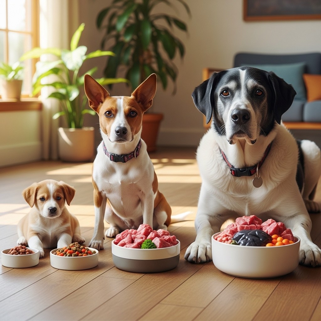 Different dogs showing why raw feeding portion sizes vary by age, size, and activity level