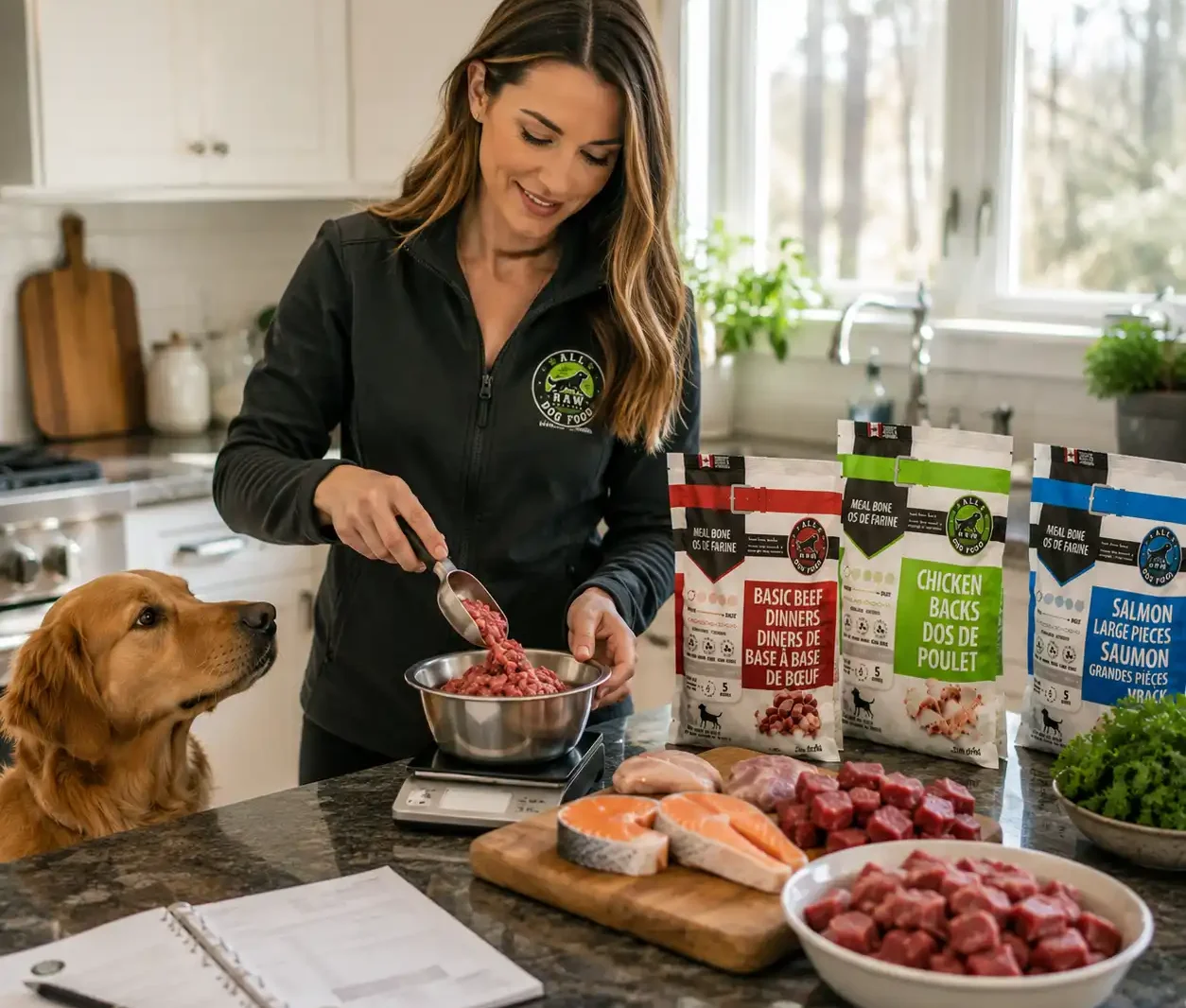 Dog owner measuring the right raw food portion for their dog