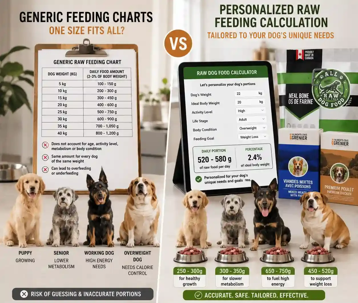 Personalized raw dog food feeding recommendations compared to generic feeding charts