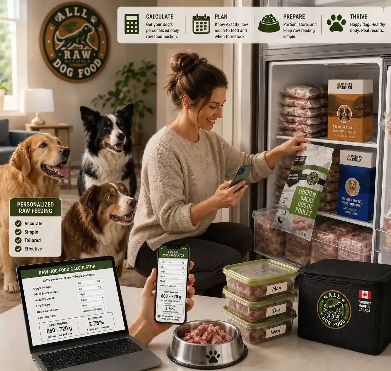 Pet owner using a raw dog food calculator to plan dog meals and food storage