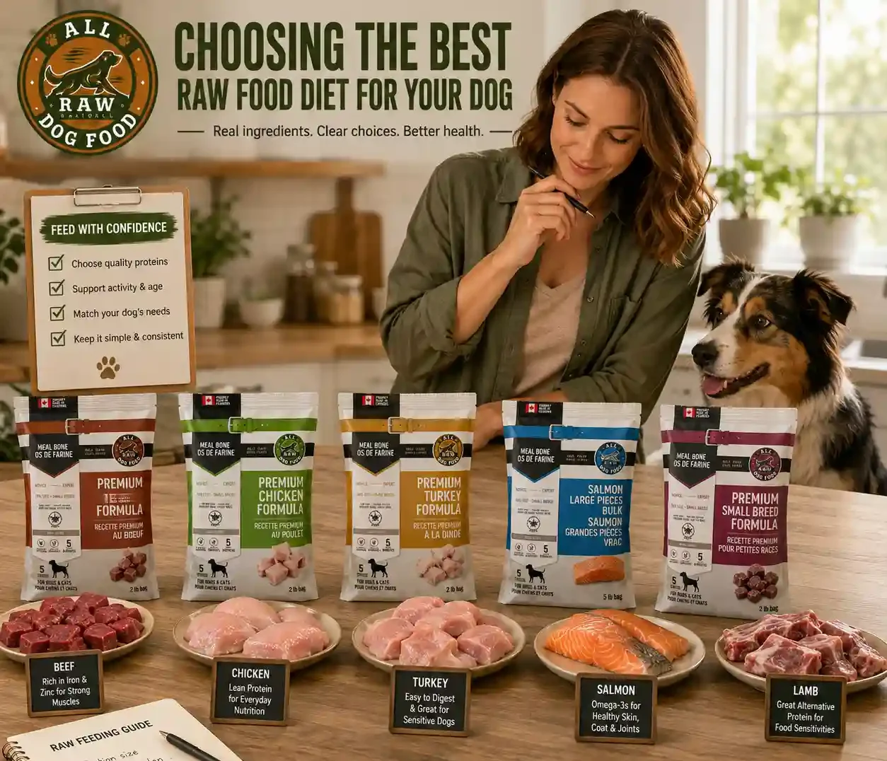 Pet owner comparing raw dog food protein options for a balanced feeding routine.