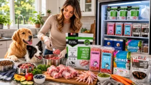 Golden Retriever and Border Collie watching their owner prepare raw dog meals in a bright Ontario kitchen with premium raw dog food products displayed nearby.