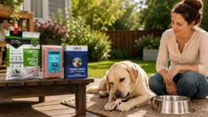 Labrador Retriever enjoying a raw chicken foot treat in a safe supervised outdoor setting