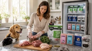 Dog owner preparing a fresh raw meal while two healthy dogs watch attentively in a modern Ontario kitchen